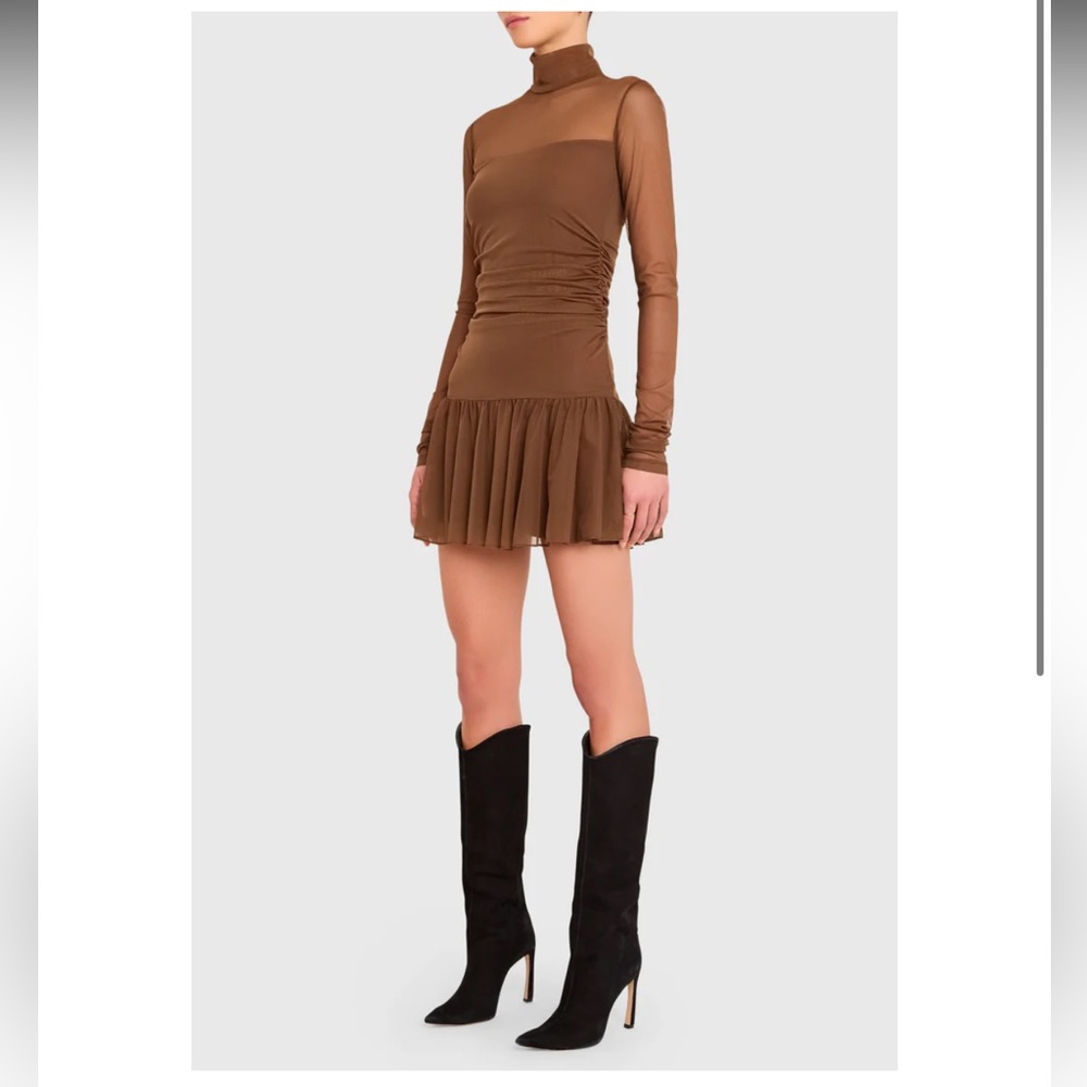 Amanda Uprichard Brown Long Sleeve Mesh Mini Dress - Picture 3 of 13
